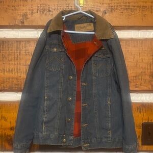 Boys Wrangler Denim Jacket with Brown corduroy. Collar. Flannel lined.